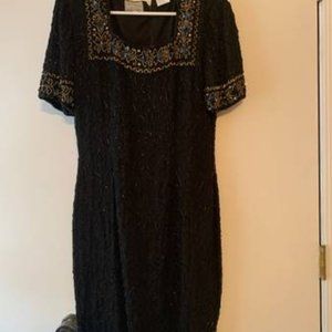 Beautiful Women's Vintage Stenay Black and Gold Beaded Silk Dress SZ 4